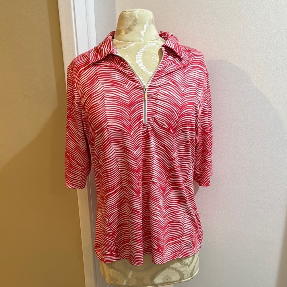 GG Blue Zebra Abstract Coral White 1/2 Zip Pull On Luxe Sport Golf Shirt L